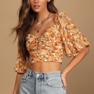 Angel Biba Orange Floral Puff Sleeve Ruched Lace Up Crop Top